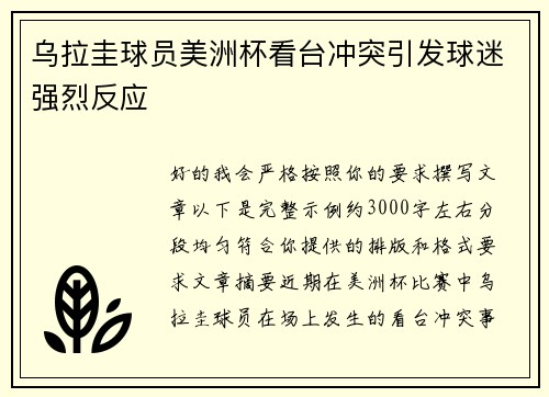 乌拉圭球员美洲杯看台冲突引发球迷强烈反应